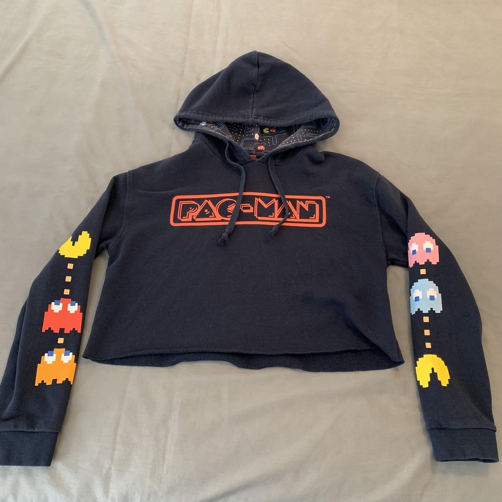 Pac-Man Hoodie Womens Medium Black Cropped Fleece Arcade‎ Graphic Sleeves Retro
